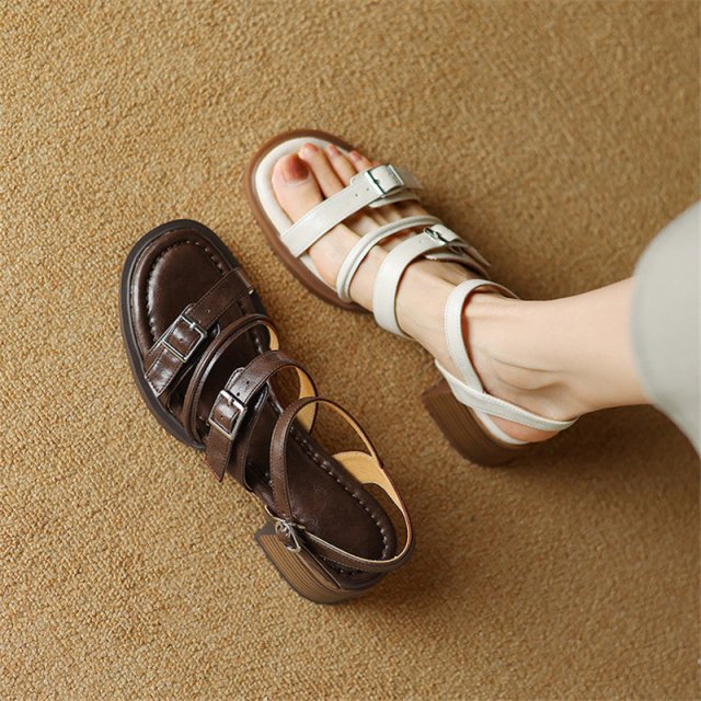 Women’s Split Leather Gladiator Sandals with Buckle Strap and Chunky Heel