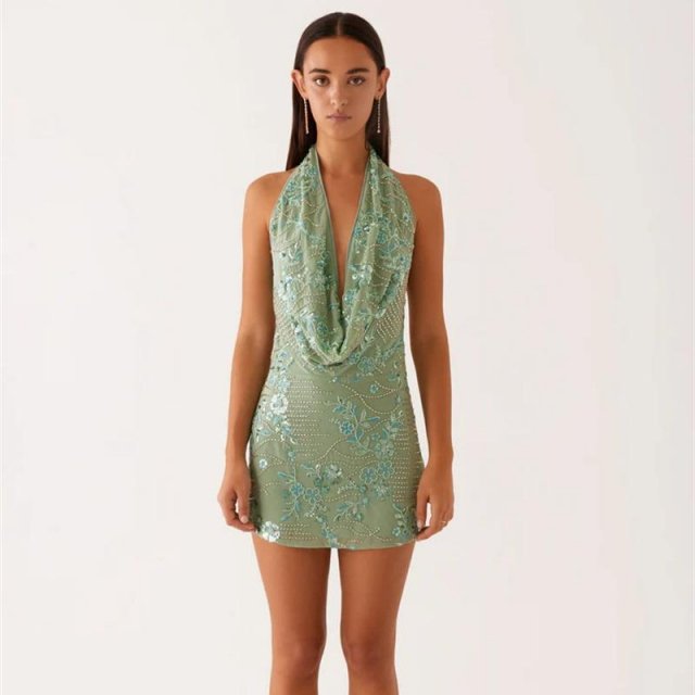 Sequin Backless Deep V Mini Dress