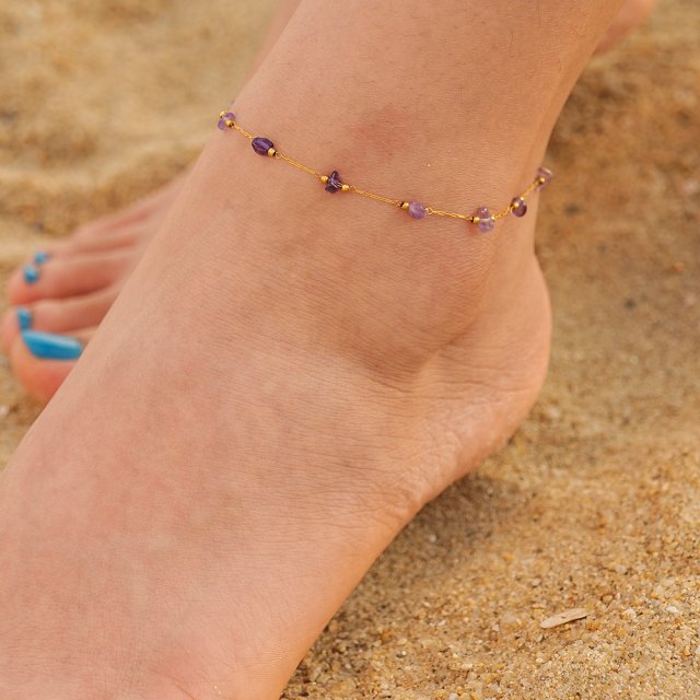 Boho Natural Stone Anklet – Purple Gravel Stainless Steel Beach Jewelry