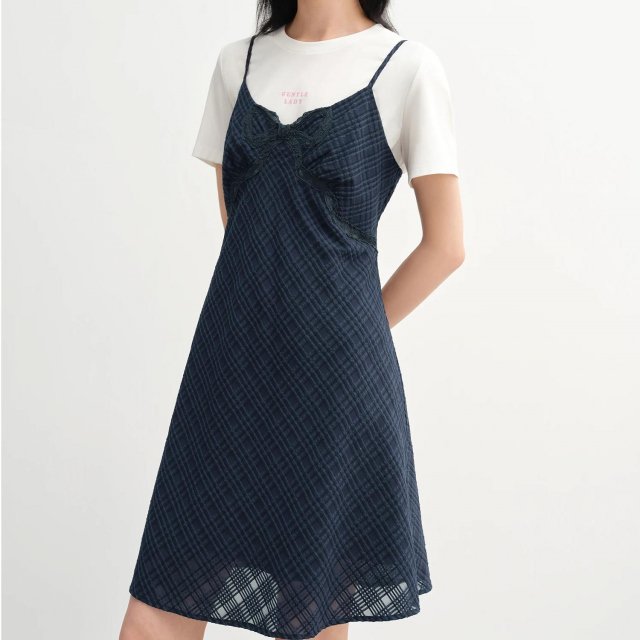 Chic Two-Piece Plaid Shirt Dress Set with Bow & Strappy Detail