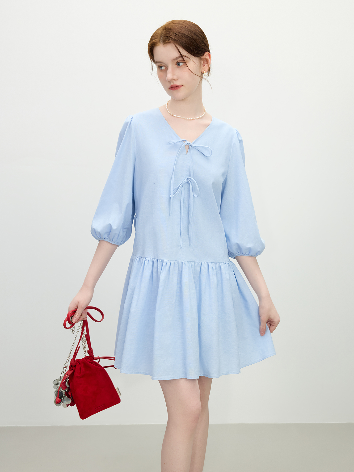 Summer V-Neck Bow Linen A-Line Dress – Casual to Chic Elegance 3
