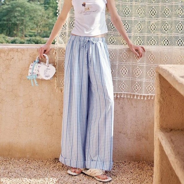 Summer Checkered Loose Wide Leg Casual Pants for Women