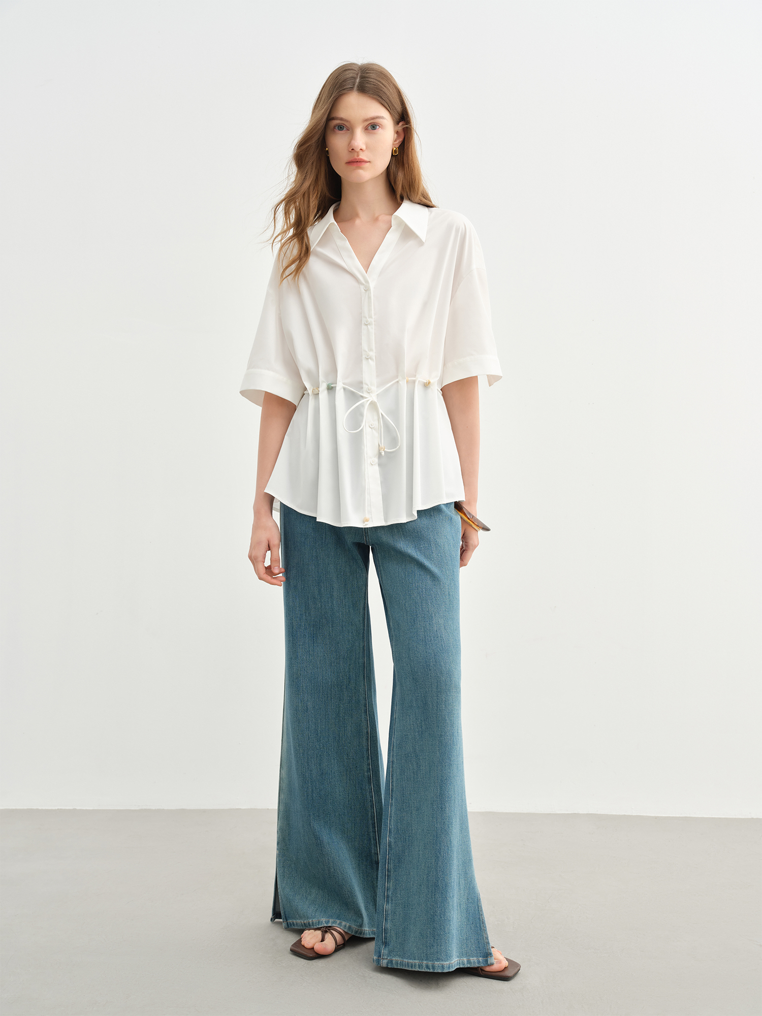 Beaded Lace-Up Pleated V-Neck Shirt 4