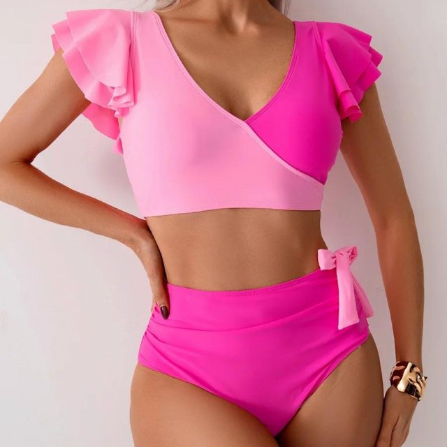 Sexy High Waist Patchwork Bikini Set with Ruffles & Push-Up Effect