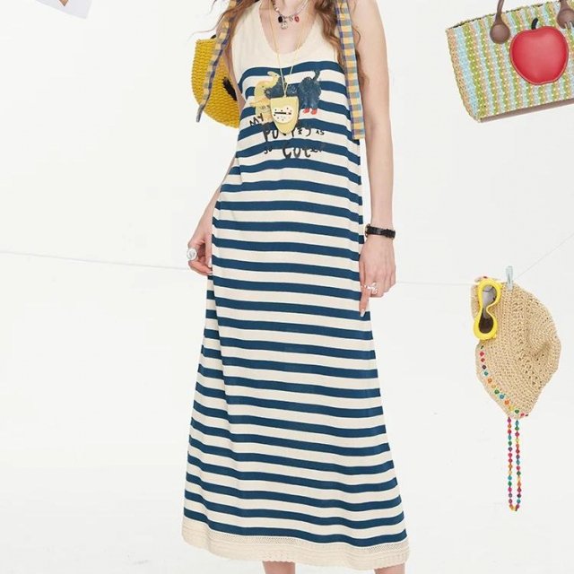 Summer Sleeveless Cat Print Dress with Striped Design