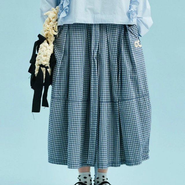 Summer Washed Plaid Cotton A-Line Skirt with Pockets