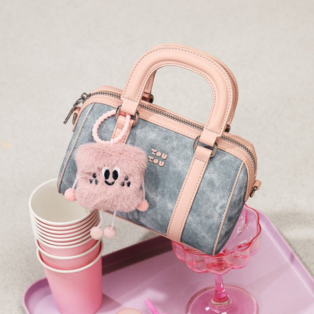 Chic Blue PU Leather Mini Bowling Crossbody Handbag with Dog Pendant
