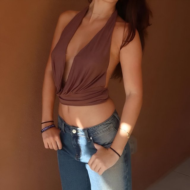 Women's Cropped Halter Neck Cami Top with Deep V and Open Back