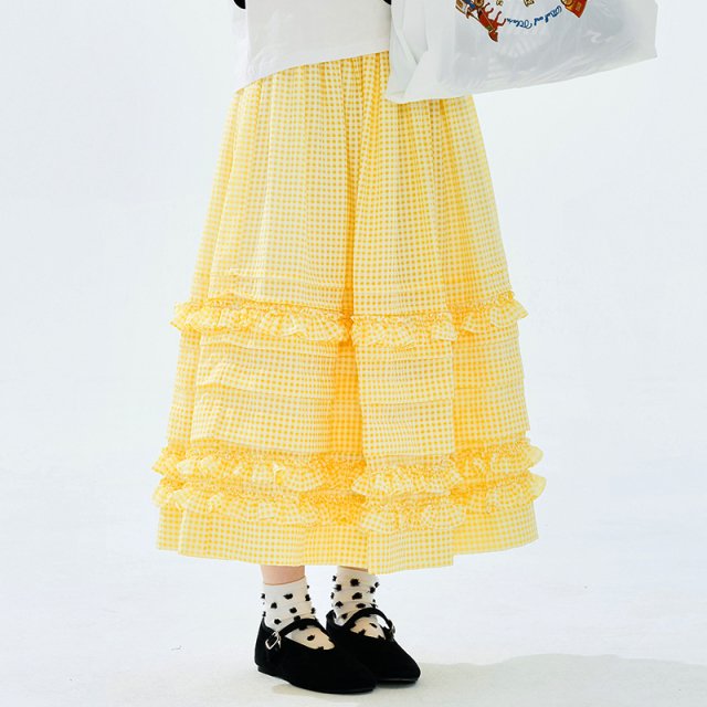 Yellow Checkered A-Line Skirt with Lace – Summer Casual Mid-Calf Skirt