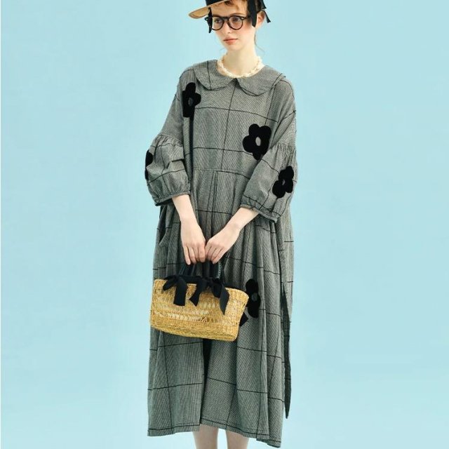 Plaid Cotton Linen A-Line Dress with Puff Sleeves & Appliques