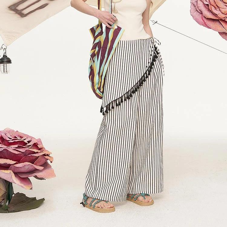 Summer Casual Striped Tassel Wide Leg Pants for Women 2