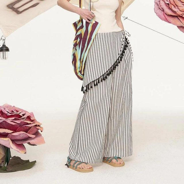 Summer Casual Striped Tassel Wide Leg Pants for Women