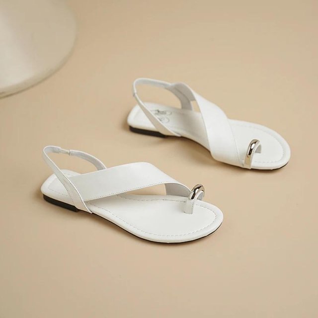 Sleek Cow Leather Open Toe Sandals – Flat Heels, Slingback Style, Dressy Look