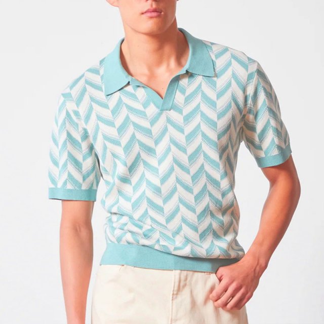 Luxury Men's Summer Knit Polo Shirt – Breathable Jacquard V-Neck Short Sleeve