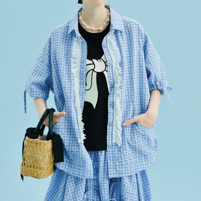 Summer Checkered Lace Short Sleeve Shirt
