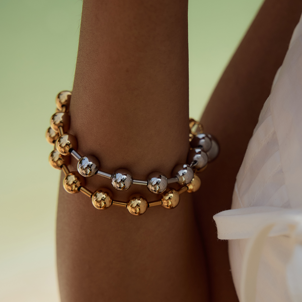 18K Gold-Plated Two-Tone Stainless Steel Ball Bead Bracelet for Women 6