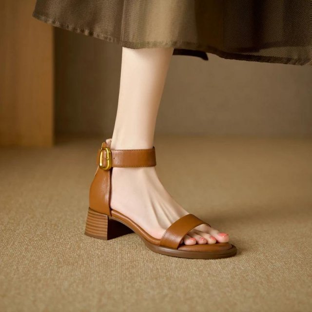 Elegant Genuine Leather Summer Heels for Women – Round Toe Ankle Strap Pumps