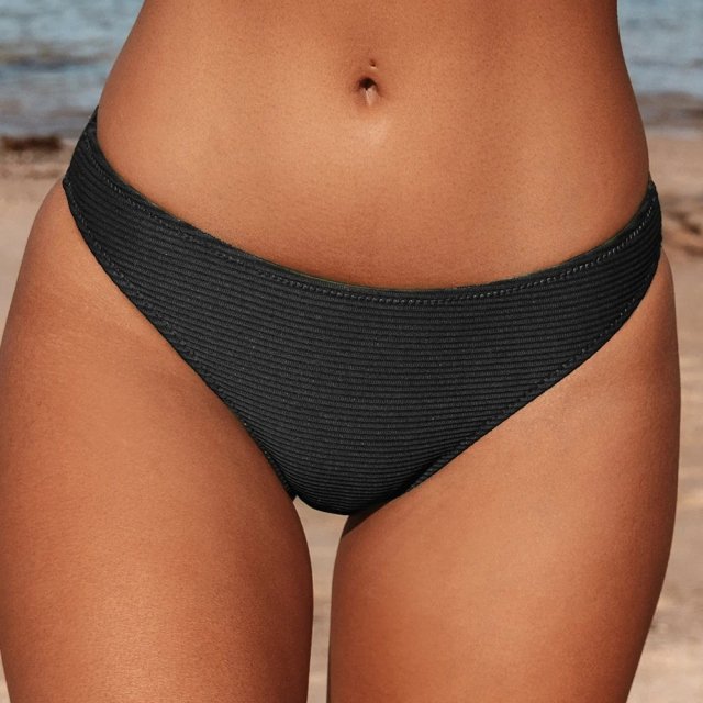 Black Ribbed High Cut Low Waist Bikini Bottom