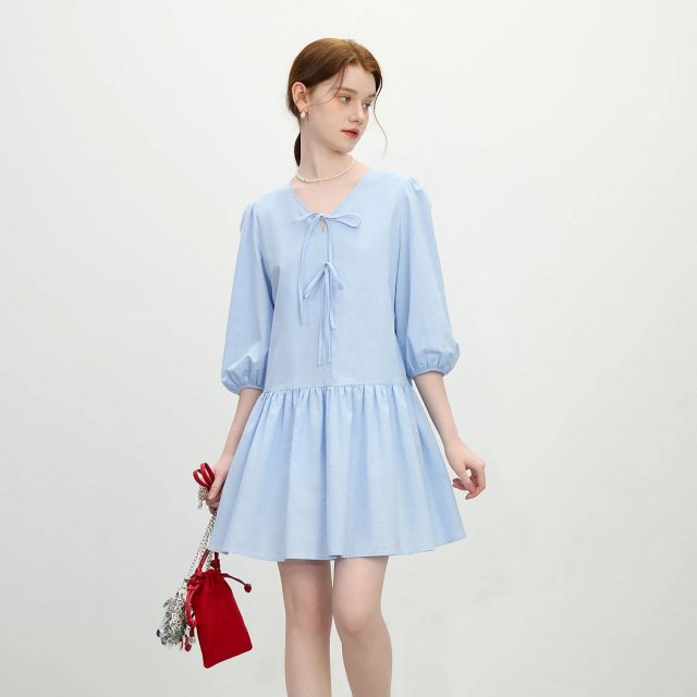 Summer V-Neck Bow Linen A-Line Dress – Casual to Chic Elegance