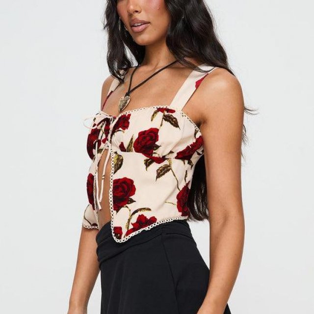 Vintage Floral Square Neck Lace Trim Tie-Front Tank Crop Top