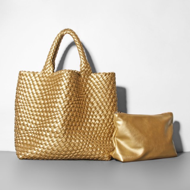 Golden Knit Large Capacity Woven Shoulder Handbag for Women - Beach Holiday Purse