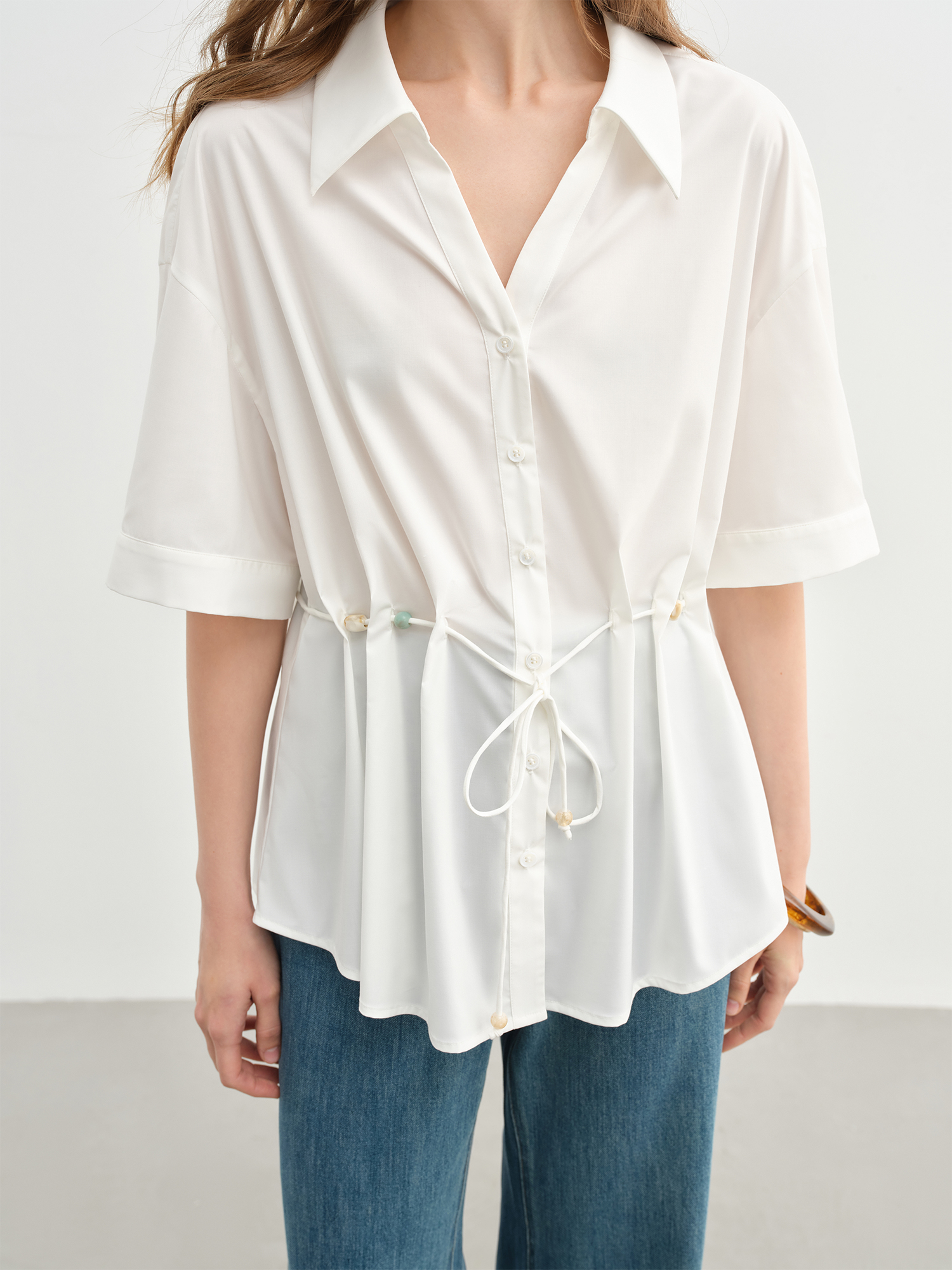 Beaded Lace-Up Pleated V-Neck Shirt 5