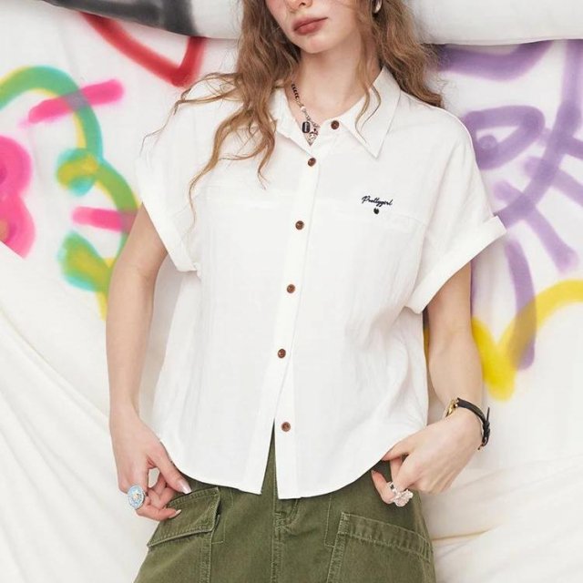 Chic Embroidered Lapel Short Sleeve Shirt for Women – Loose Fit Summer Style