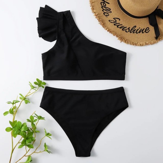 One Shoulder High Waist Ruffle Bikini Set