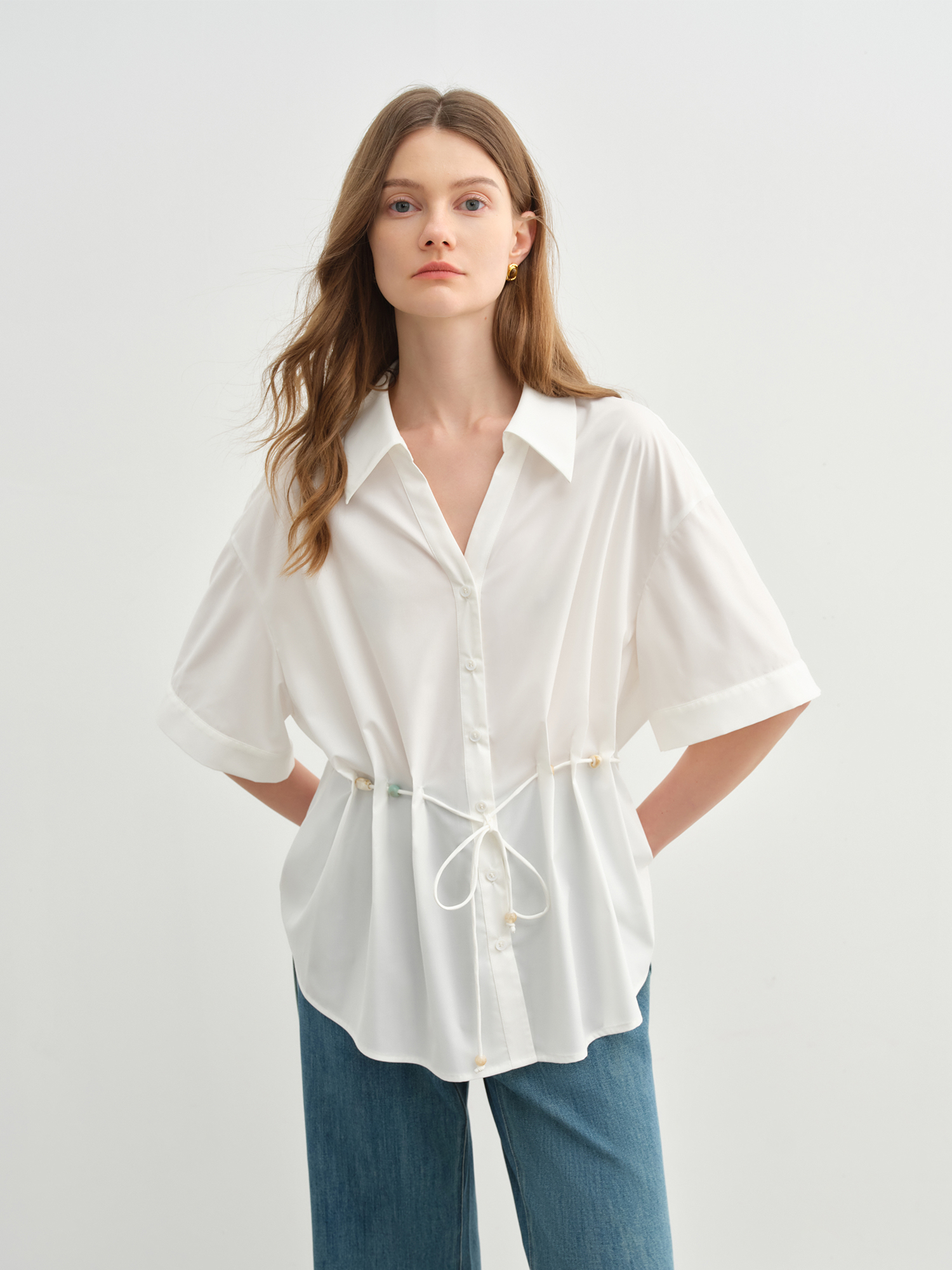 Beaded Lace-Up Pleated V-Neck Shirt 3