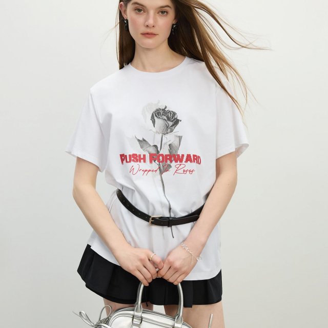 Women's Rose Print Tencel Cooling Loose-Fit Short Sleeve Summer Tee