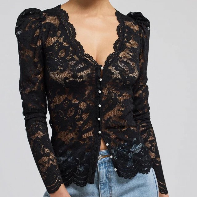 Elegant Lace Mesh V-Neck Blouse with Puff Sleeves