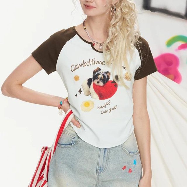 Summer Cartoon Print Chic Short Sleeve T-Shirt for Women – Knit Cotton Tee