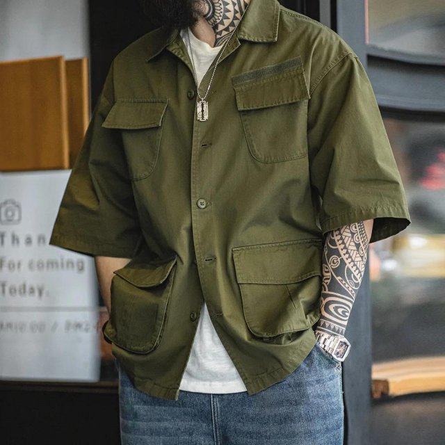 Men's Summer Cotton Workwear Shirt with Four Pockets and Turn-down Collar