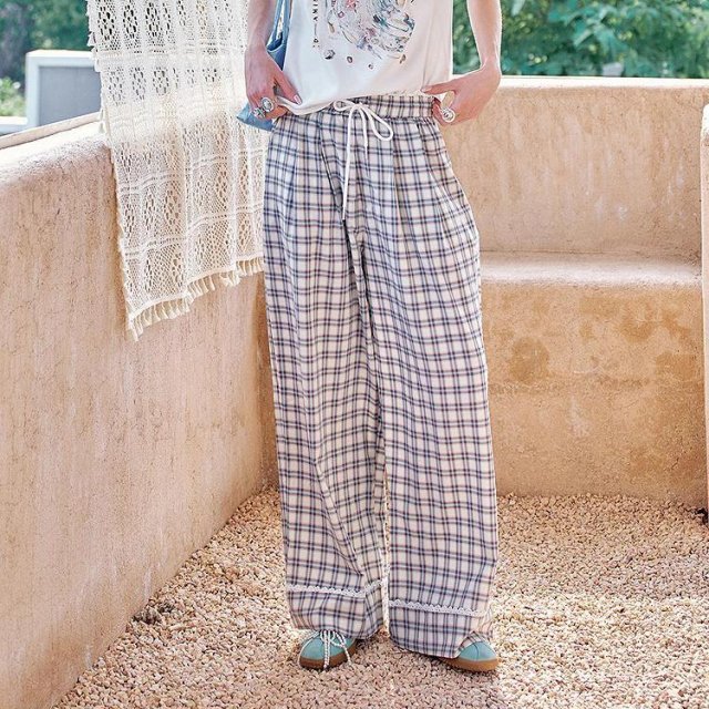 Summer Plaid Tube Wide Leg Pants for Women