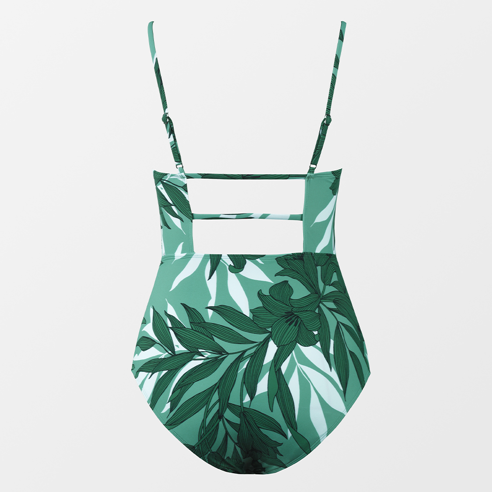 Leaf Print Shirred One-Piece Swimsuit with Square Neck and Backless Design 6