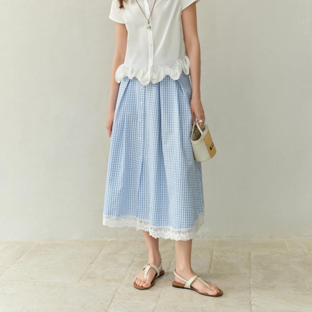 Plus-Size Blue and White Checkered A-Line Skirt