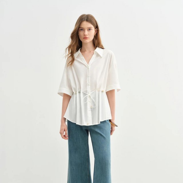 Beaded Lace-Up Pleated V-Neck Shirt