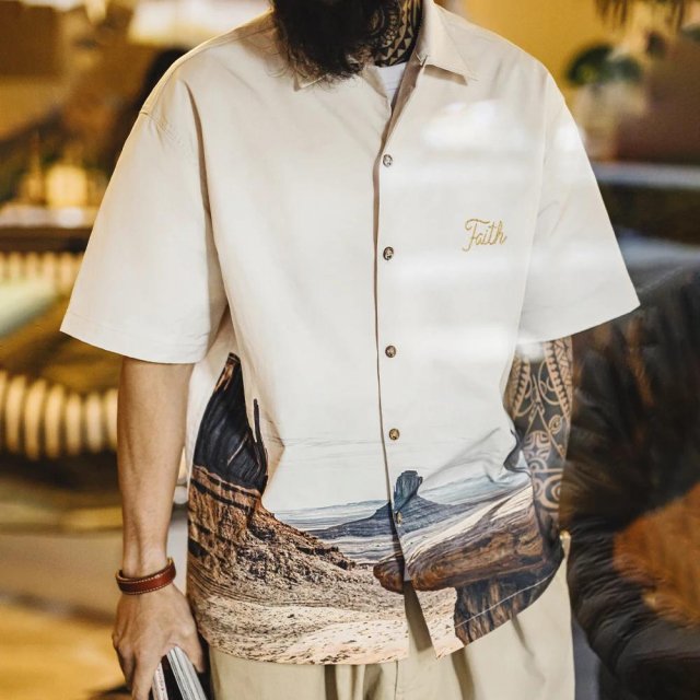 Men's Vintage Inkjet Print Cuban Collar Shirt