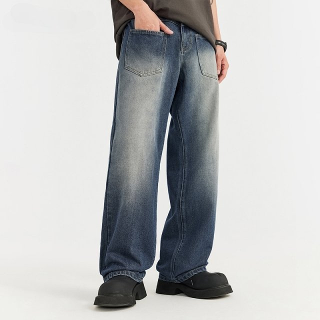 Classic Washed Wide Leg Denim Pants for Men