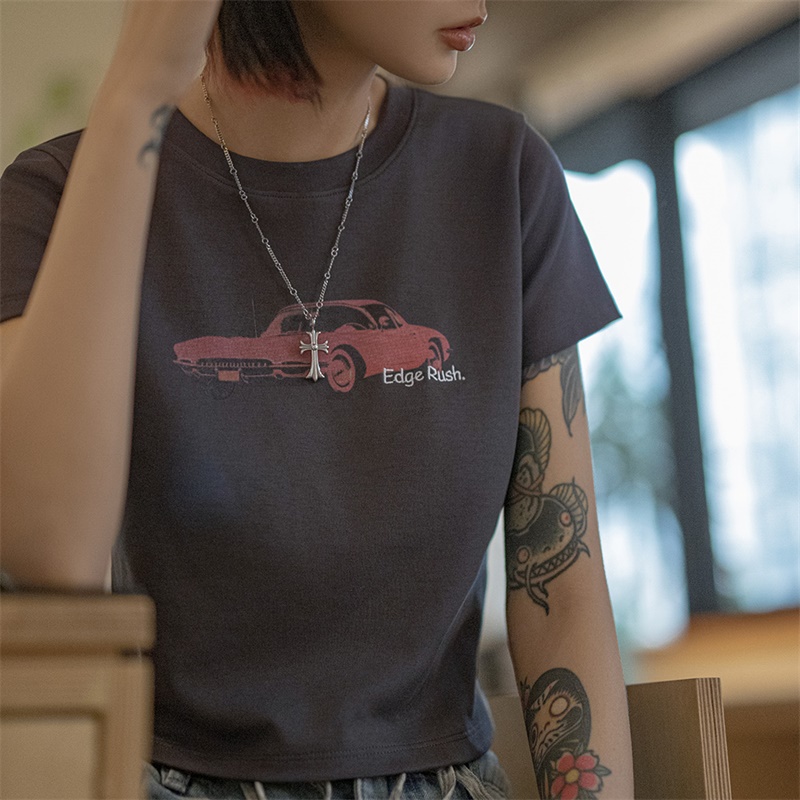 Vintage Racing Print Gray Crop Top thumbnail 3