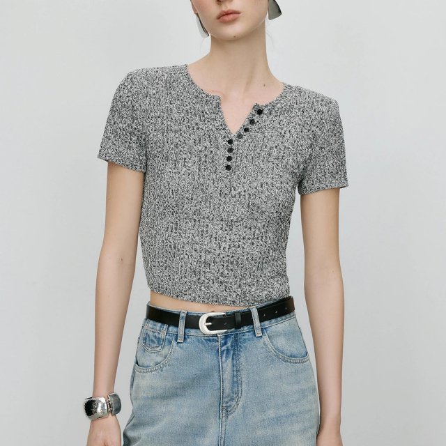 Grey Slim Fit Knitted T-Shirt for Women